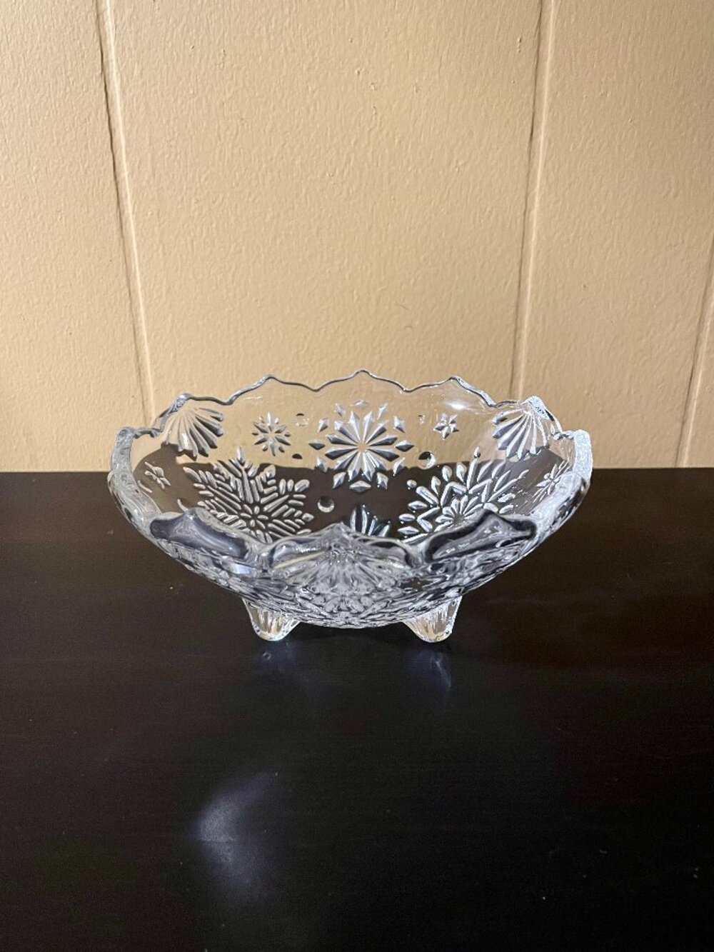 Crystal Holiday candy bowl with carved snowflakes